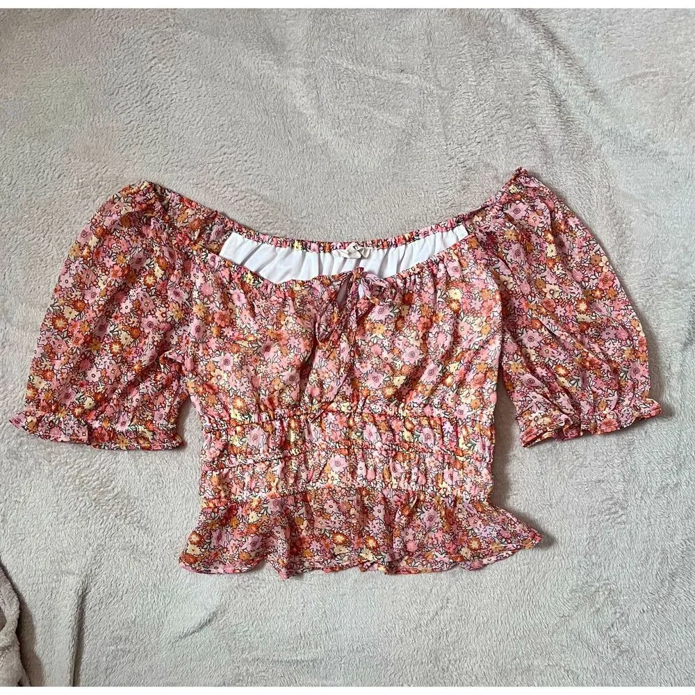 Retro floral print orange crop top XL - Picture 2 of 3